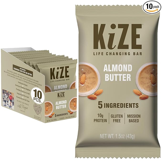 KiZE Energy Bars - Almond Butter - Almond-Butter-Based Gluten Free Non-GMO and High Protein Meal Replacement Energy Bars Clean and Simple Food Ingredients - 10g High Protein Snacks (10 Count)