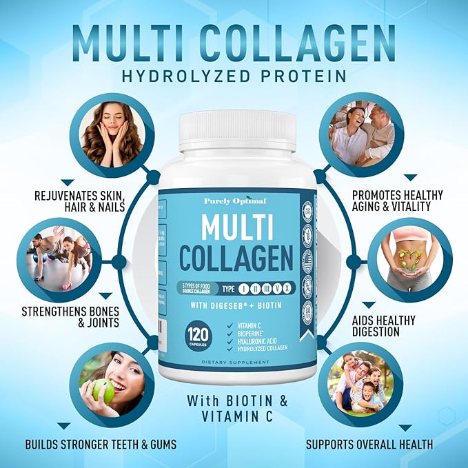 Premium Multi Collagen Peptides (Types I II II V X) - Collagen Pills for Skin Care Hair Growth Nails &amp Joints - Vitamin C Hyaluronic Acid Biotin Gluten Free - 120 Collagen Capsules