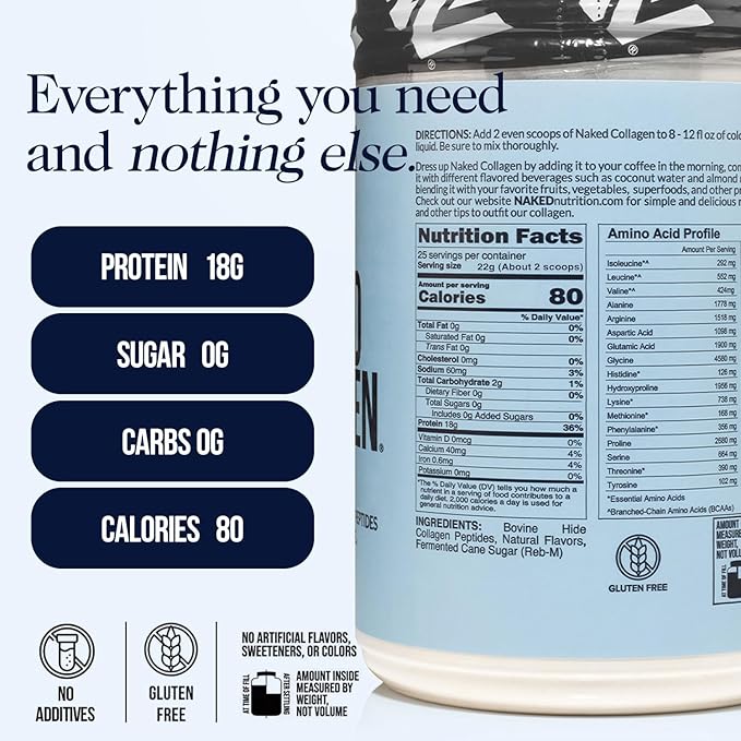 NAKED Caramel Collagen Peptides Protein Powder 25 Servings Pasture-Raised Grass-Fed Hydrolyzed Collagen Supplement Paleo Friendly Non-GMO Keto Gluten Free 20oz