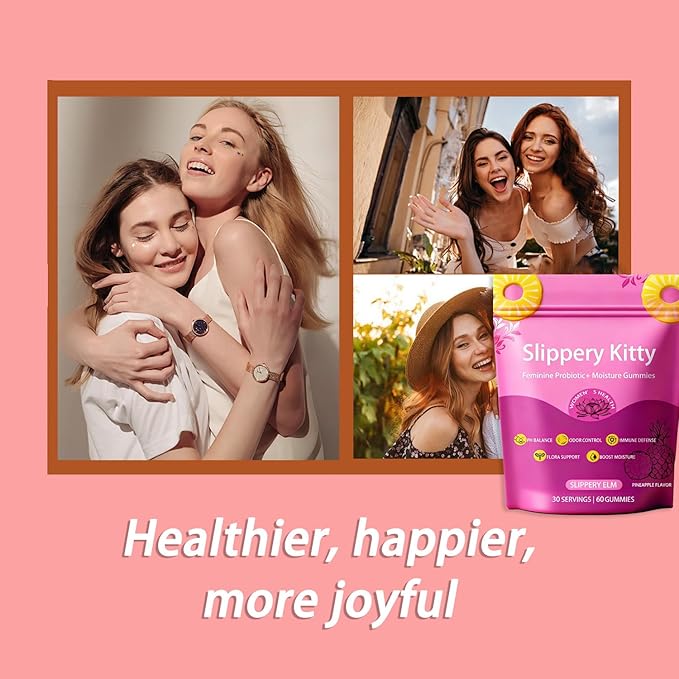 Slippery Kitty Gummies Feminine Probiotic + Moisture GummiesSupports Digestive Health Slippery Elm for Women - All in One Solution with Slippery Elm 60 Count Pineapple Flavor