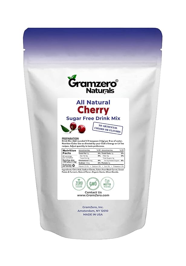 GramZero All Natural Cherry Zero Calorie Sugar Free Drink Mix Great For Nutrition Club Loaded Tea Stevia Sweetened