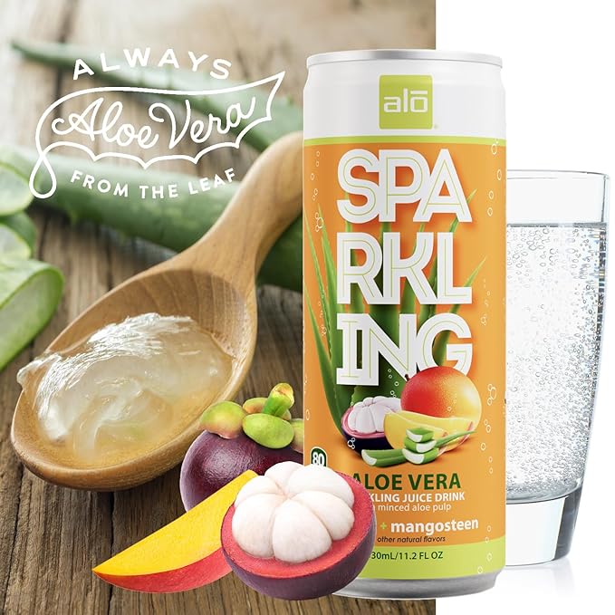 ALO Sparkling Mango &amp Mangosteen Carbonated Aloe Vera Juice Drink | 11.2 fl oz Pack of 6 | Plant-Based Beverage Vegan