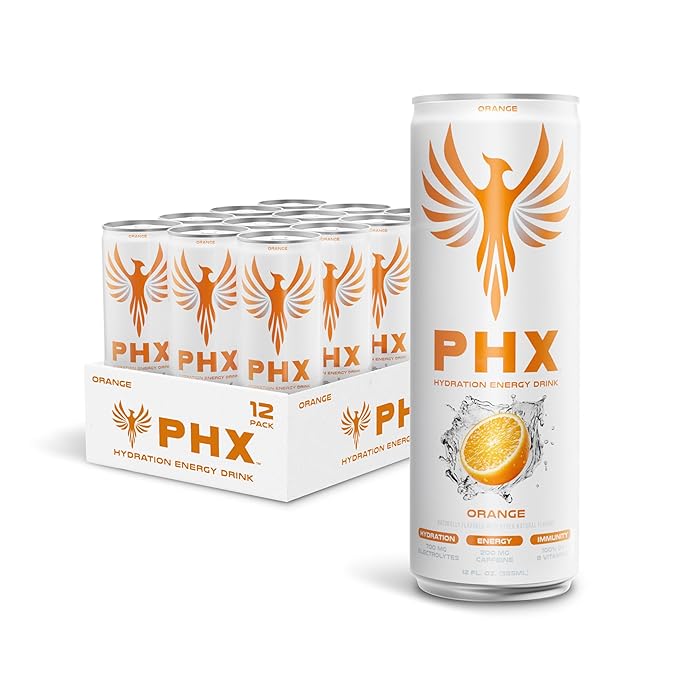 PHX Hydration Energy Drink - 700mg Electrolytes 200mg Natural Green Tea Caffeine 100% Daily Value 8 Essential Vitamins - 12 oz Cans (12 Pack) (12 Pack Orange)
