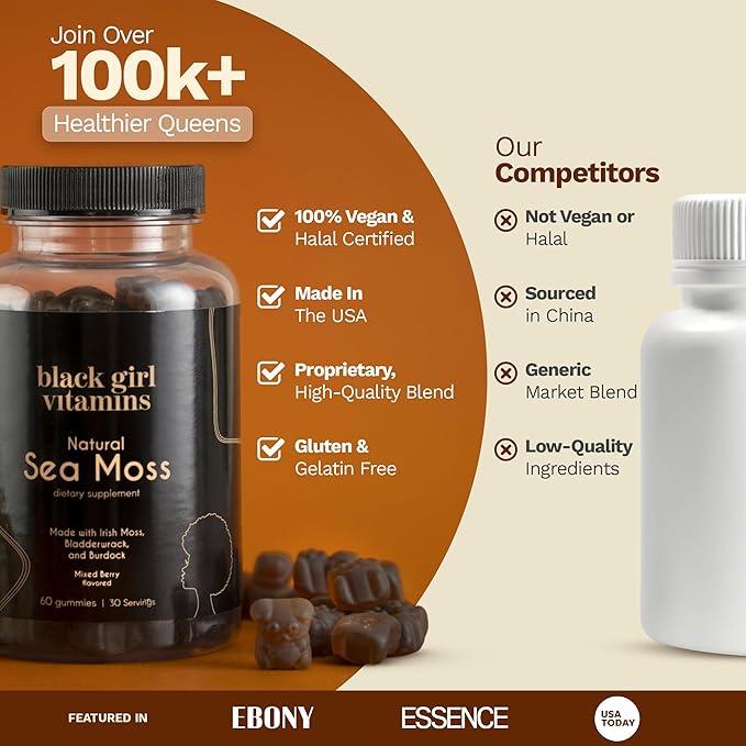 Black Girl Vitamins - Irish Sea Moss Gummies - SeaMoss + Bladderwrack &amp Burdock - 92 Minerals for Thyroid Metabolism and Immunity - Vegan Gluten-Free Halal (Mixed Berry 30 Day Supply)