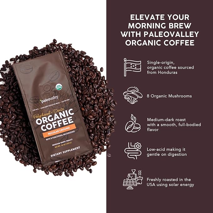 Paleovalley Organic Ground Coffee 10oz - Regular Low Acid Single-Origin Polyphenol-Rich Infused with Mushrooms