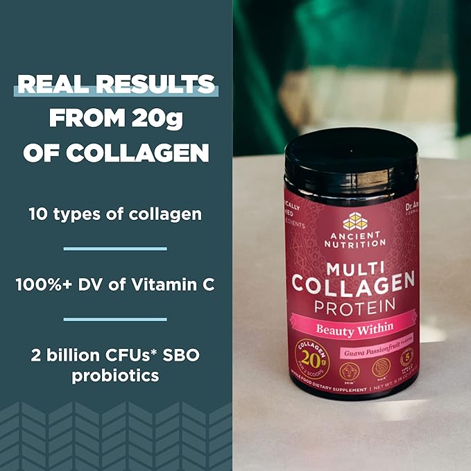 Ancient Nutrition Collagen Powder Protein Multi Collagen Protein Beauty Within Guava Passionfruit with Vitamin C Hydrolyzed Collagen Peptides Supports Healthy Skin and Nails 18.3oz