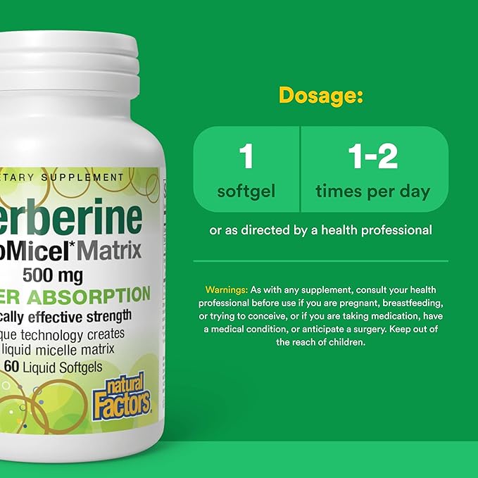 Natural Factors Berberine LipoMicel Matrix - Daily Supplement Supports Metabolic Health - Formula Supports General Health - Gluten-Free &amp Dairy-Free - 60 Liquid Softgels (60 Servings)