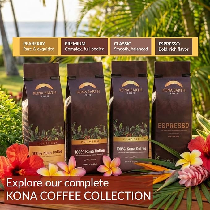 KONA EARTH 100% Kona Coffee Classic Medium Roast Whole Bean 1 lb (16oz) Farm-Direct Authentic Hawaiian Kona Coffee beans from Hawaii’s Big Island Micro-Batch-Roasted