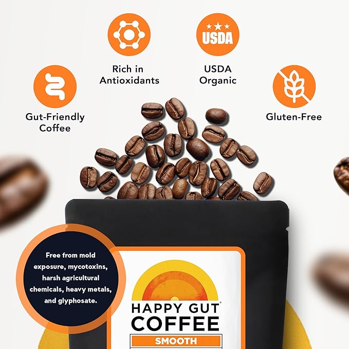 Happy Gut Coffee - Doctor-Formulated Organic Medium-to-Dark Roast Coffee - Gut-Friendly - Gentle on Stomach - Rich Flavor Gluten-Free No Bitterness - 12oz - SMOOTH - Whole Bean