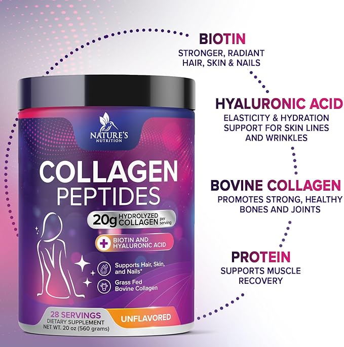 Collagen Peptides Powder - Hydrolyzed Type 1 &amp 3 Collagen Powder 20g per Serving with Hyaluronic Acid &amp Biotin - Vital Nails Skin &amp Joint Support - No Sugar Unflavored Bottled in USA -