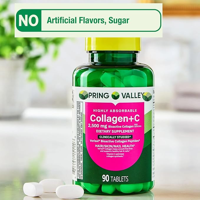 Pack of 1 SPR-ing Valle C Tablets for Hair/Skin/Nail Health 2500 mg 90 Count Highly Absorbable Collagen Plus Vitamin C + Exclusive nnh Guide Included