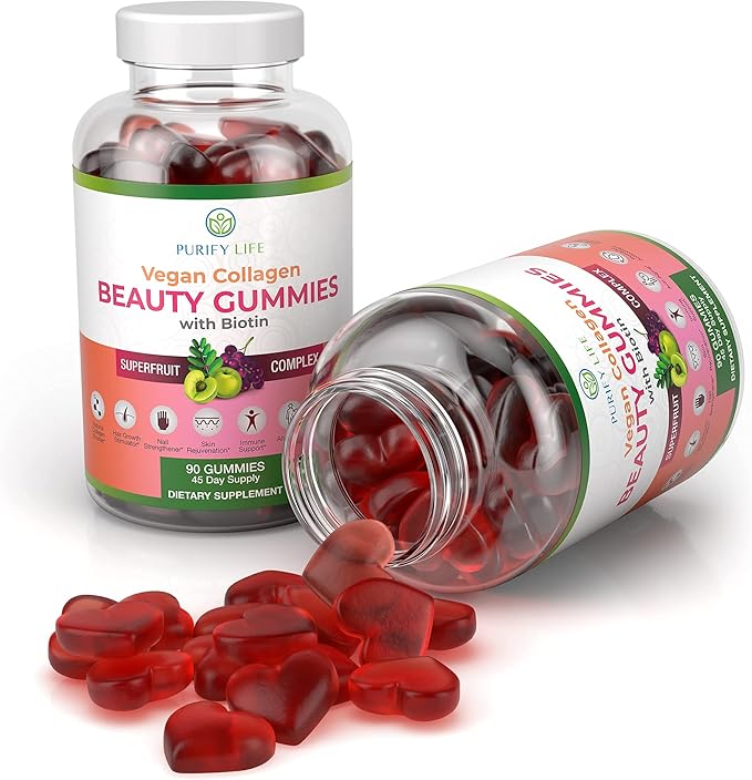 Vegan Collagen Gummies with Biotin Vitamins for Hair Skin and Nails Health (90 Chews) Collagen Support Superfruit Complex with Resveratrol Vitamin A E C - Replace Capsules Pills