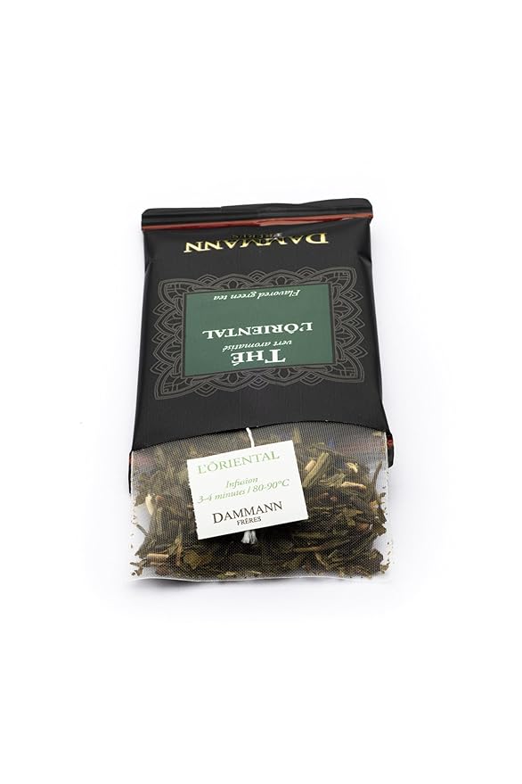 Dammann Freres Sachets L'Ôriental Tea Bags Premium Gourmet French Green Tea Blend Passion Fruit Peach Strawberry Flavors Individually Wrapped 24 Count (Single Pack)