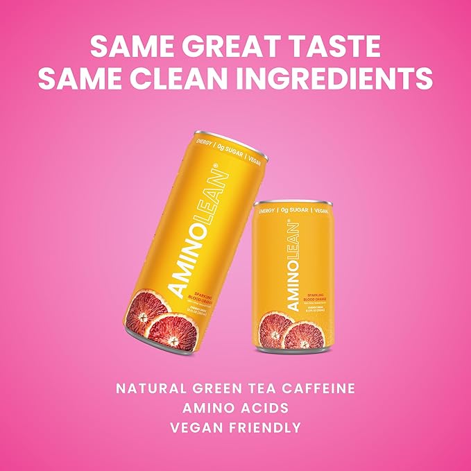 AminoLean Energy Drink MINIS – Sugar Free Anytime Energy with Natural Caffeine &amp Vegan Amino Acids for No Jitters Tingles or Crash Sparkling Blood Orange 8 oz 12 Pack