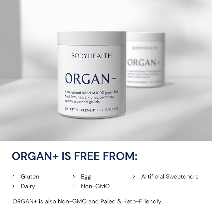 BodyHealth Organ+ Grass-Fed Glandular Organ Complex Grassfed Beef Organ Supplement Dessicated Beef Liver Heart Kidney Pancreas Spleen Non GMO Adrenal Supplement (150 Capsules)