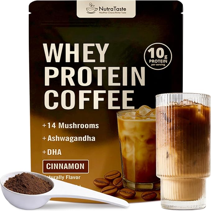 Protein Coffee Powder Whey Protein Iced Coffee | 14-Mushroom Blend with Reishi &amp Lion’s Mane L-Theanine Ashwagandha &amp DHA | No Added Sugar Keto Friendly Gluten Free | Cinnamon Flavor 20