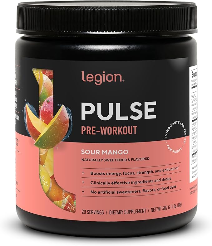 LEGION Pulse Pre Workout Supplement - All Natural Nitric Oxide Preworkout Drink to Boost Energy Creatine Free Naturally Sweetened Beta Alanine Citrulline Alpha GPC (Sour Mango)
