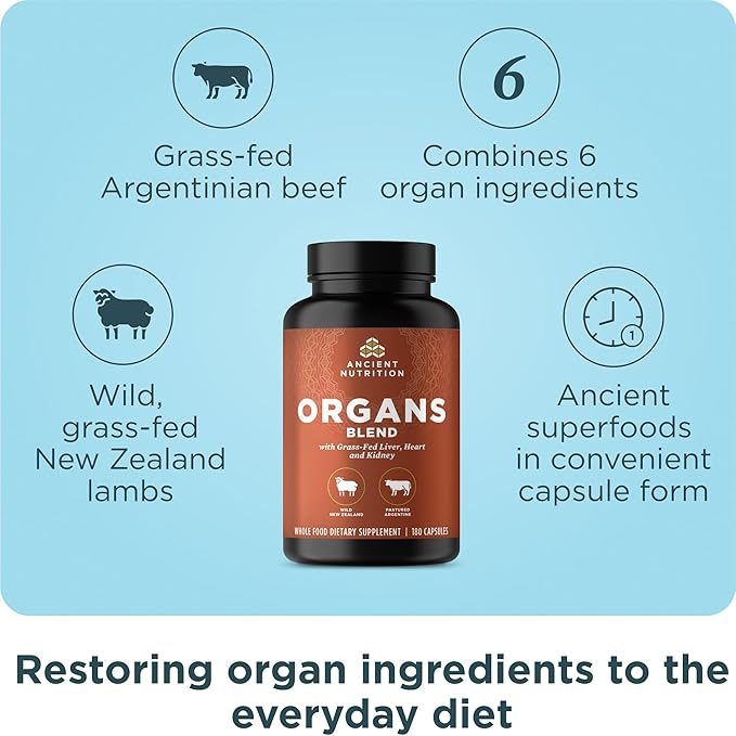 Ancient Nutrition Organ Supplements Grass-Fed and Wild Organ Complex Capsules Liver Heart Kidney Supports Organ Cognitive and Immune System Health 180 Ct