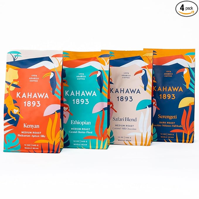 Kahawa 1893 Whole Bean Coffee Combo Pack Kenyan Ethiopian Safari &amp Serengeti Blend (12 Oz) - As Seen on Shark Tank Naturally Sweet Organically Grown Ethically &amp Sustainably Sourced