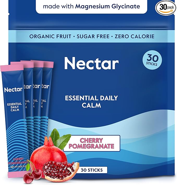 Nectar Calm Magnesium Glycinate Drink Mix - Sugar Free &amp Zero Calorie - with Organic Ashwagandha Vitamin D L-Theanine Hydrating Electrolytes - Relax Focus &amp Calm (Cherry Pomegranate 30 Sti