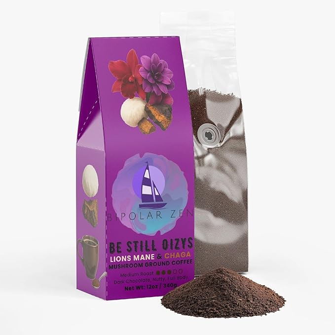 Bipolar Zen Be Still Oizys | Mushroom Ground Coffee | Brazil + Mexico | Medium Roast | Chocolate Depth with Organic Lion’s Mane &amp Chaga | 12oz