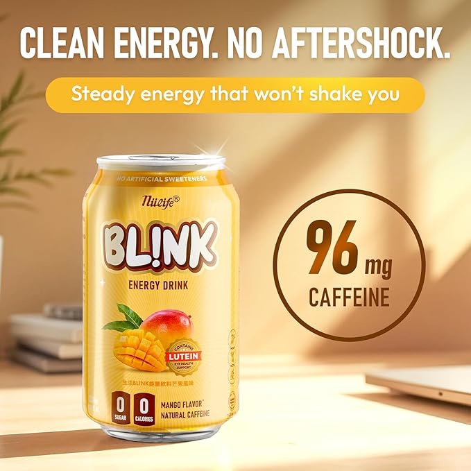 NÜLIFE BL!NK Zero Sugar Sparkling Energy Drink 96mg Natural Caffeine Contains Lutein Clean Energy Drink No Artificial Sweetener Mango Flavor 11.16 Fl Oz (Pack of 12)