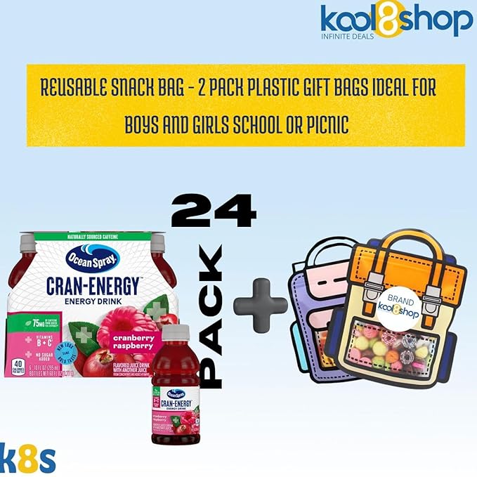 Ocean Spray Energy Cranberry Raspberry Juice Drink 10 fl oz Plastic Bottles 24 Pack + 2 Reusable Snack Bags by KOOL8SHOP Infinite Deals