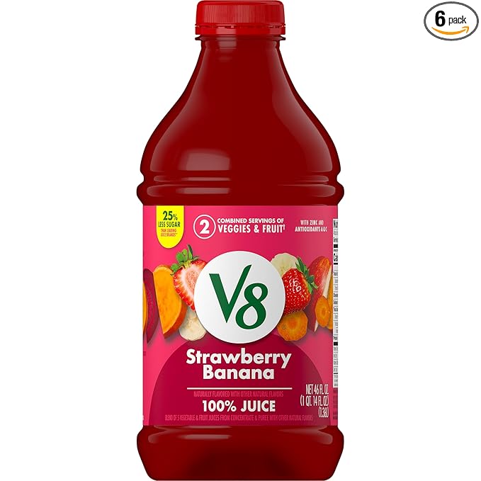 V8 Strawberry Banana 100% Fruit and Vegetable Juice 46 fl oz Bottle (Pack of 6)