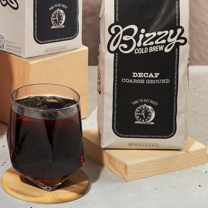 Bizzy Cold Brew Coffee | Decaf Bundle | Coarse Ground Coffee + Brew Bags | Micro Sifted | Specialty Grade | 100% Arabica | 1 LB and 12ct Brew Bags