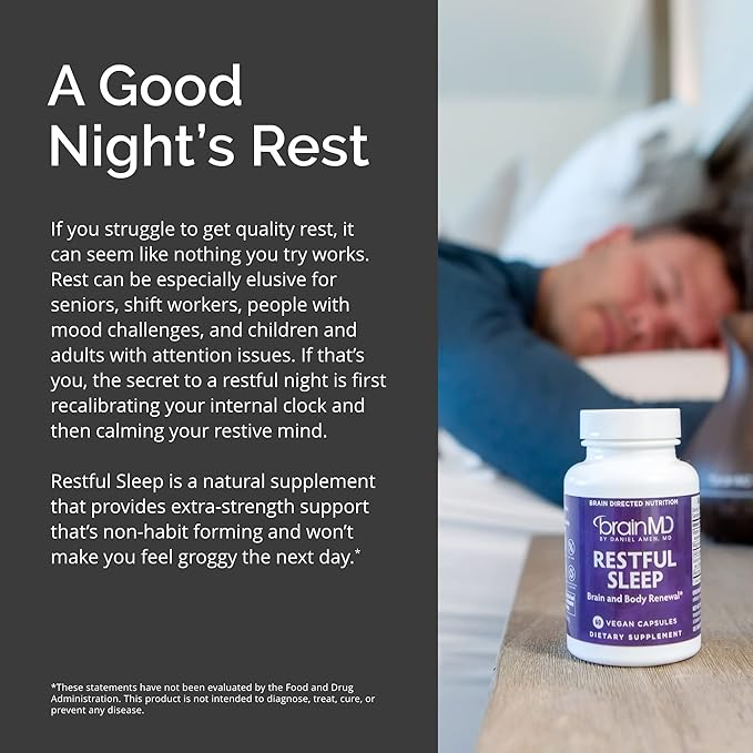 BRAINMD Dr. Amen Restful Sleep - 60 Capsules - Promotes Relaxation &amp Calm Contains Melatonin Valerian GABA &amp Magnesium Non-Habit Forming - Gluten-Free - 15 Servings