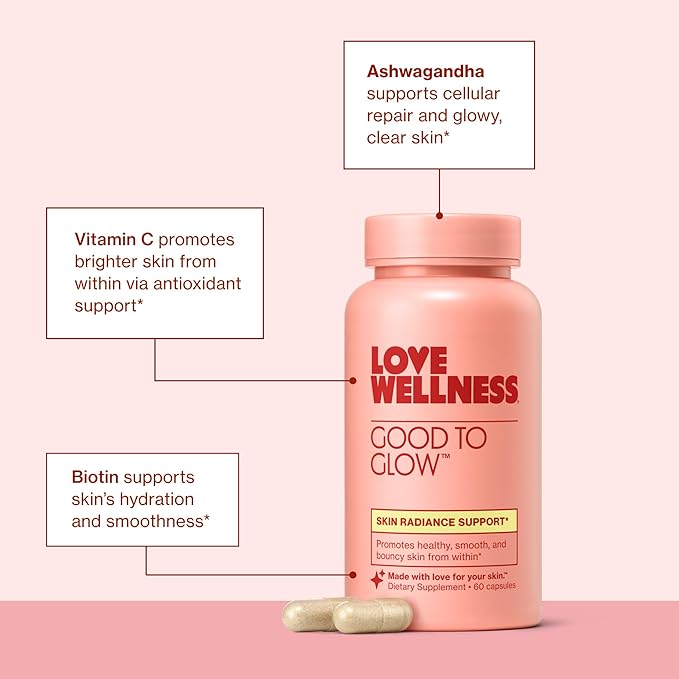 Love Wellness Good to Glow | Collagen Supplement with Biotin Vitamin C E Ashwagandha &amp Zinc | Promotes Smooth Glowing &amp Clear Skin | Enhances Smoothness &amp Promotes Healthy Skin | 60 Co