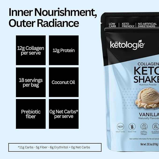 Keto Collagen Shake (Vanilla) - with Coconut Oil Prebiotics Grass Fed Hydrolyzed Collagen Peptides Type I &amp III Low Carb Gluten Free1.78lbs.