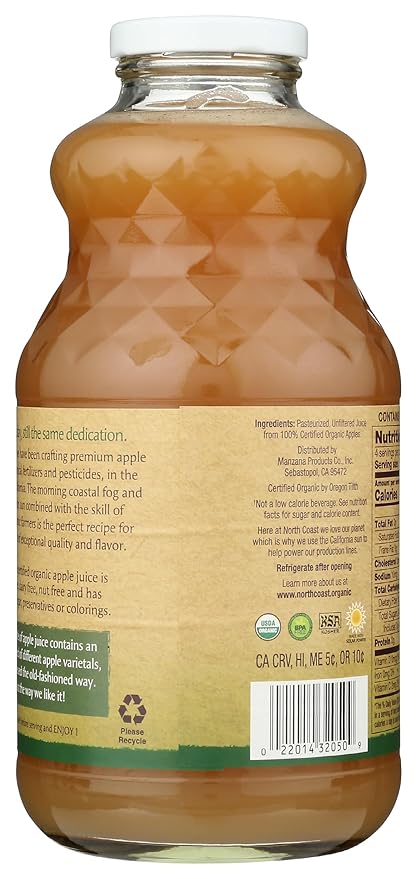 North Coast Organic Apple Juice No Added Colors or Preservatives No Added Sugar Kosher USDA Certified Organic Gluten Free &amp Non-GMO 32 Fluid Ounce (Pack of 6)