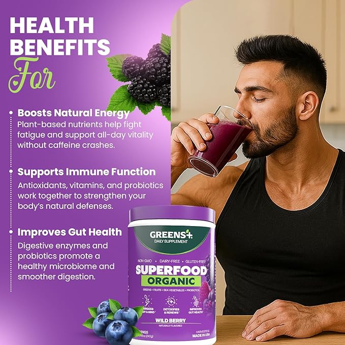 Greens+ Organic Wild Berry Superfood Powder Antioxidant Polyphenol Blend for Morning Kick Energy Vitality Boost Nutrition Vibrant Health Dietary Supplement Vegan Soy/Dairy/Gluten Free(8.46oz)