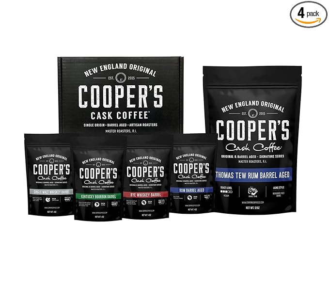 Rwanda Rum Barrel Aged Coffee - Ground 12oz and Bourbon &amp Whiskey Barrel Aged Coffee - Ground - 4 Bag Coffee Set 16oz