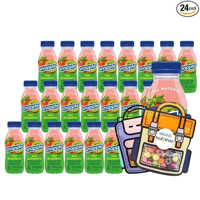 Snapple Kiwi Strawberry All Natural Juice Drink 8 fl oz Mini Plastic Bottle 24 Pack + 2 Reusable Snack Bags by KOOL8SHOP Infinite Deals