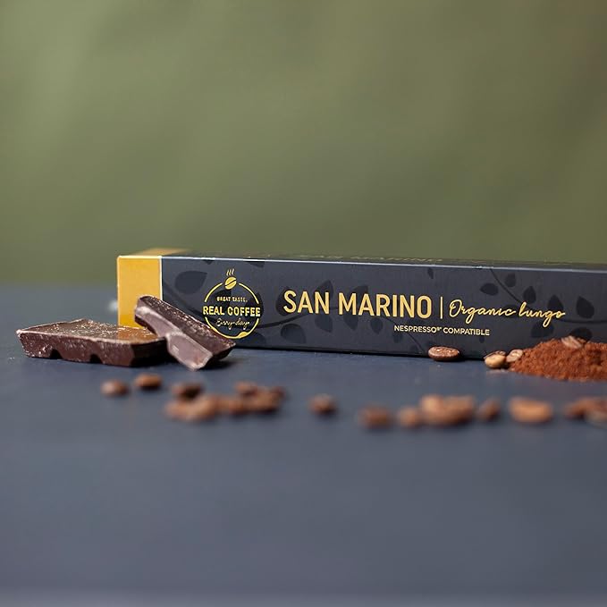 ‘San Marino’ Organic Italian Lungo for Nespresso | 100 Organic Aluminum Capsules | Eco-Friendly Medium Roast | 100% Nespresso Compatible Pods | Fairtrade