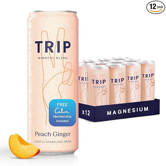 TRIP Lightly Sparkling Adaptogen Drink Non Alcoholic Drink with Magnesium Ashwagandha Lions Mane &amp L Theanine No Added Sugar Mocktail Vegan Peach Ginger 12 Oz 12Pk