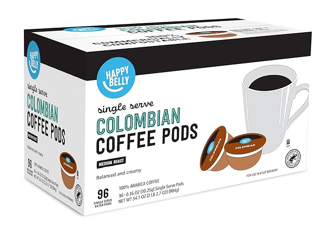 Amazon Brand - Happy Belly Colombian Compostable Coffee Pods (Medium Roast) Compatible with K-Cup Brewer 96 Count