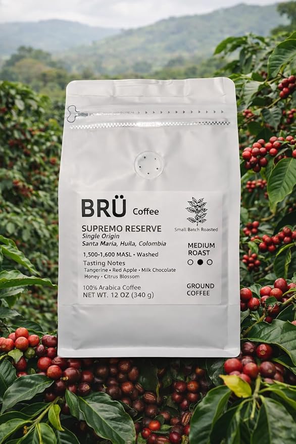 BRÜ Coffee Colombian Ground Coffee - Medium Roast - Single Origin – Huila High Elevation – 100% Arabica – Washed
