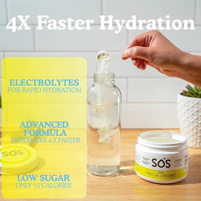 SOS Hydration Electrolyte Powder Drink Mix – Lemon 31 Servings | Low Sugar Electrolytes 15 Cal | Keto Hydration Powder for Rapid Rehydration