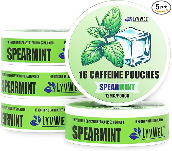 LyvWel 72mg Caffeine Energy Pouches – Spearmint – Refreshing Mint Energy with Guarana – 5-Pack (80 Total Pouches)