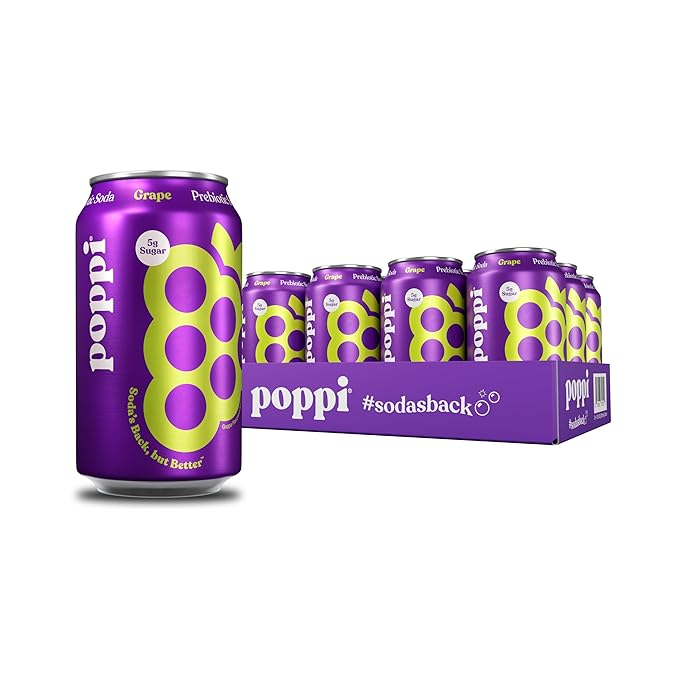 Poppi Sparkling Prebiotic Soda Beverage with Apple Cider Vinegar Seltzer Water and Fruit Juice Grape Flavor 12 Fl Oz Pack of 12 Packaging May Vary