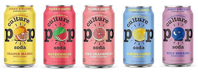 Culture Pop Sparkling Probiotic Soda 5 Flavor Variety Pack 40 Calories per can Vegan Non-GMO | 12 Fl Oz Cans Pack of 10