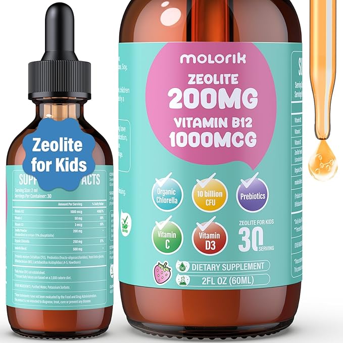 Zeolite Detox for Kids and Adults 200mg Zeolite Liquid Drops with 1000mcg Vitamin B12 Organic Chlorella 10 billion CFU &amp Prebiotics for Gut Support &amp Speech Immune Bone Energy* Strawber