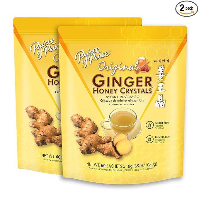 Prince of Peace Instant Ginger Honey Crystals Original 60 Sachets - pack of 2 – Instant Hot or Cold Beverage that Soothes Throat – Easy to Brew – Drink Like a Tea – Gluten Free – Real Ginger