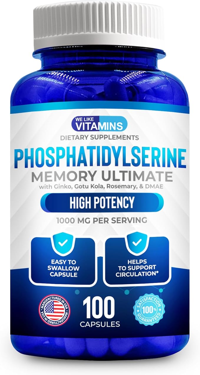 We Like Vitamins Phosphatidylserine Supplement with Gingko Biloba Gotu Kola DMAE - Improves Focus Memory Cognitive Function - Soy-Free 1000mg Memory Ultimate Complex - 100 Easy-to-Swallow Capsules