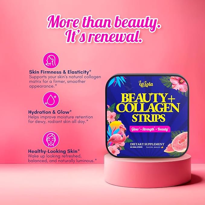 LALOLA Beauty + Collagen Strips – Mango Flavor | Collagen Peptides &amp Vitamin E for Radiant Skin Hair &amp Nails (30 Strips)