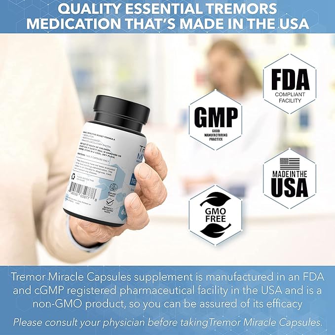 Real Science Tremor Miracle Capsules – Tremor Relief Supplement and Hand Tremor Aids for Adults – with TremorStop Blend GABA and Vitamins for Neurotransmission Support – Made in USA 60 Caps