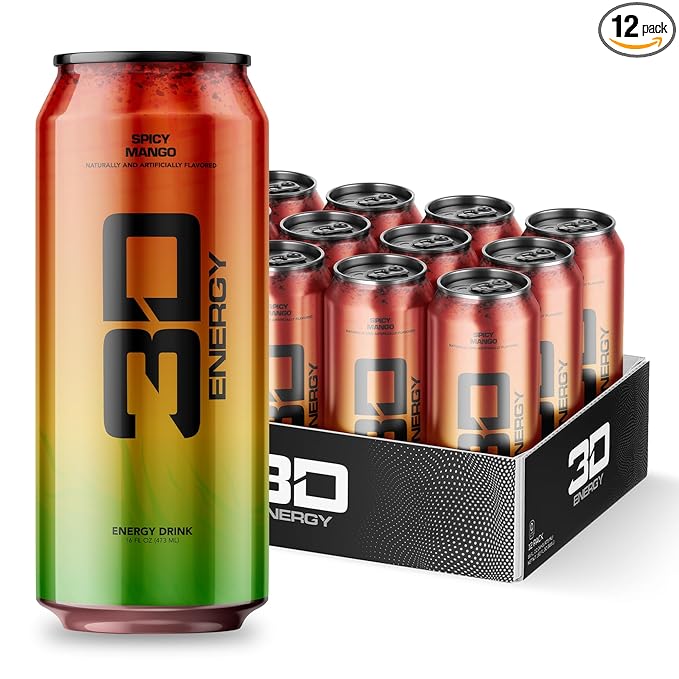 3D Sugar-Free Energy Drinks Spicy Mango - Clean Energy Drink with 200mg Caffeine Taurine &amp L-Carnitine - Pre Workout Fitness Drink for Gym Exercise &amp Everyday Performance